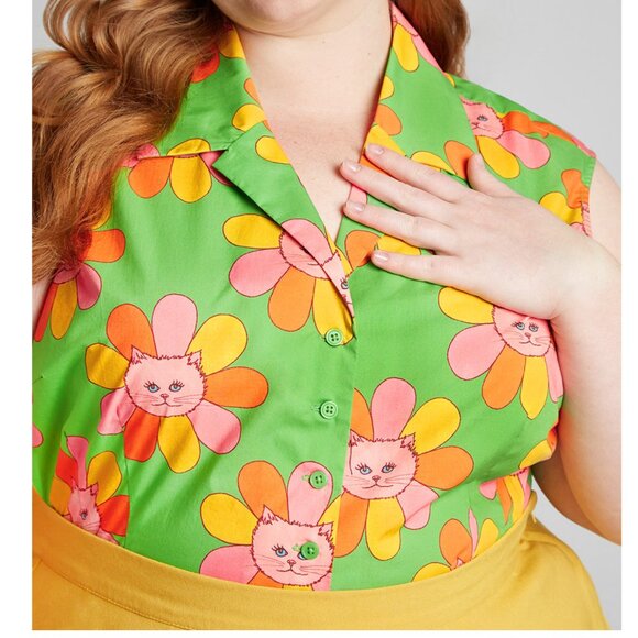 ModCloth x Marisol Muro Retro Cat Flower Print Top S - Picture 2 of 4